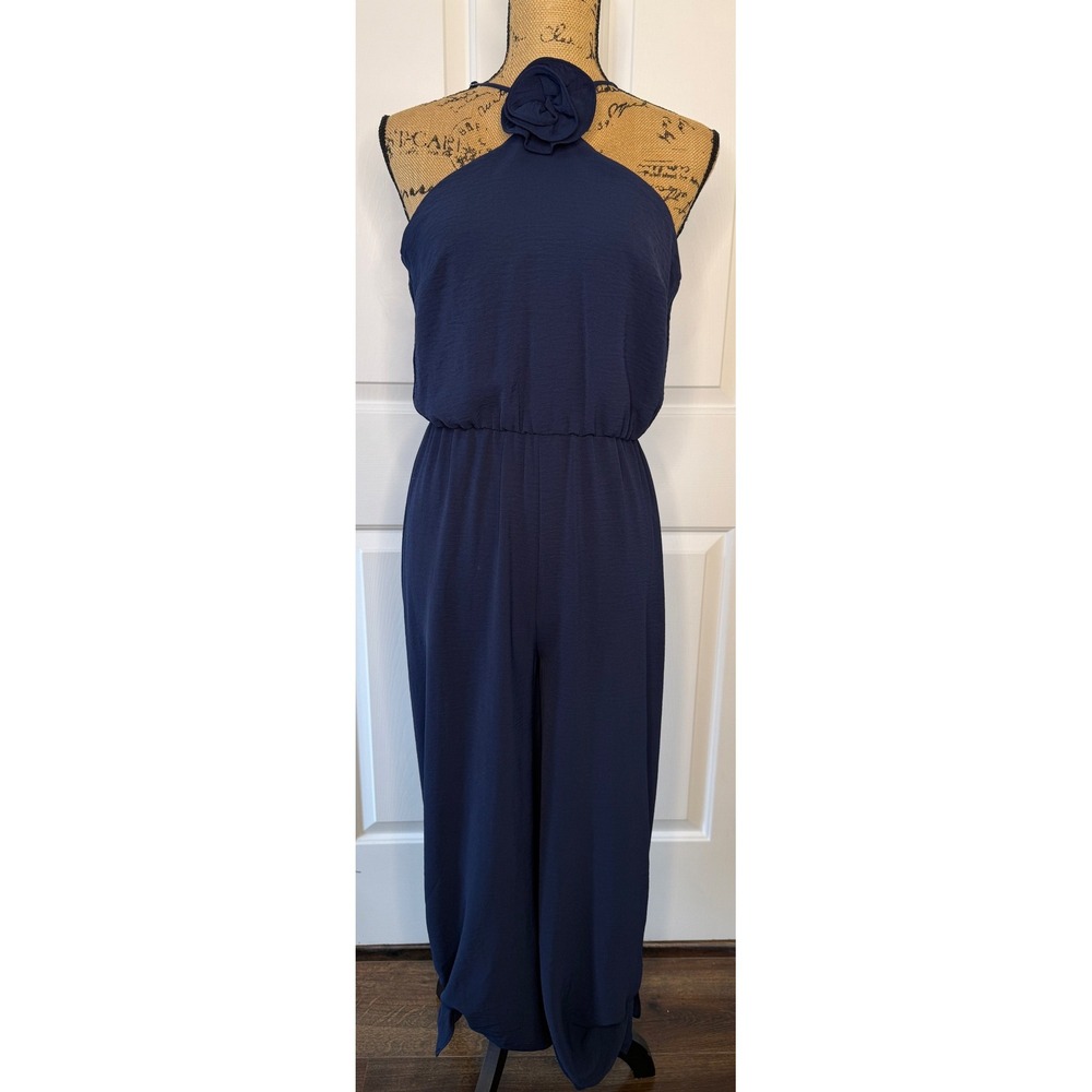 MSK Navy Blue Rosette Halter Jumpsuit Wide Leg Side Tie NWT Size Small